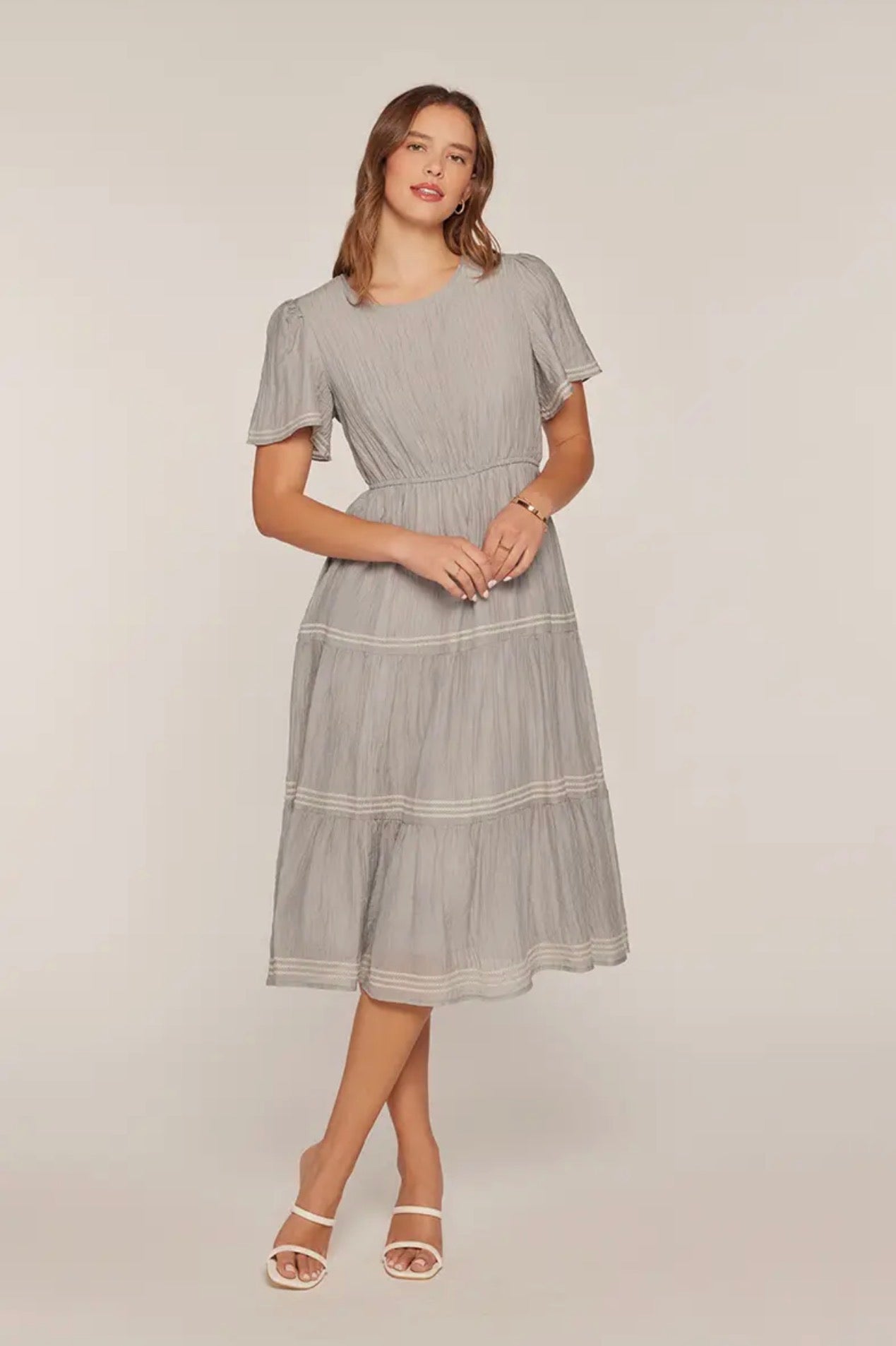 Embroidered Tier Dress - Dusty Blue