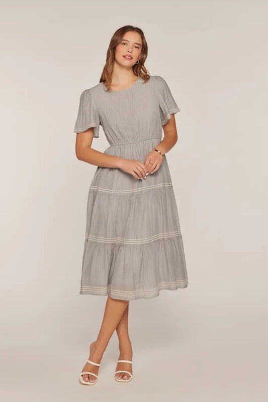 Embroidered Tier Dress - Dusty Blue