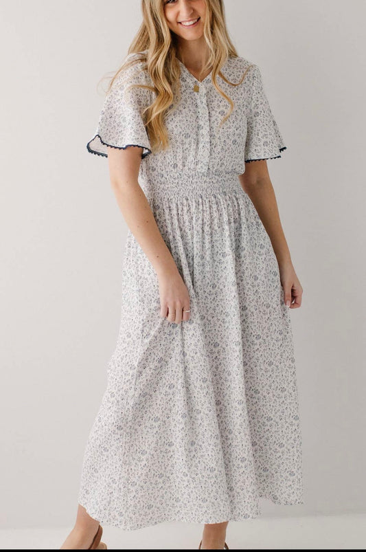 Hadassah Blue Floral Gauze Midi Dress - White floral