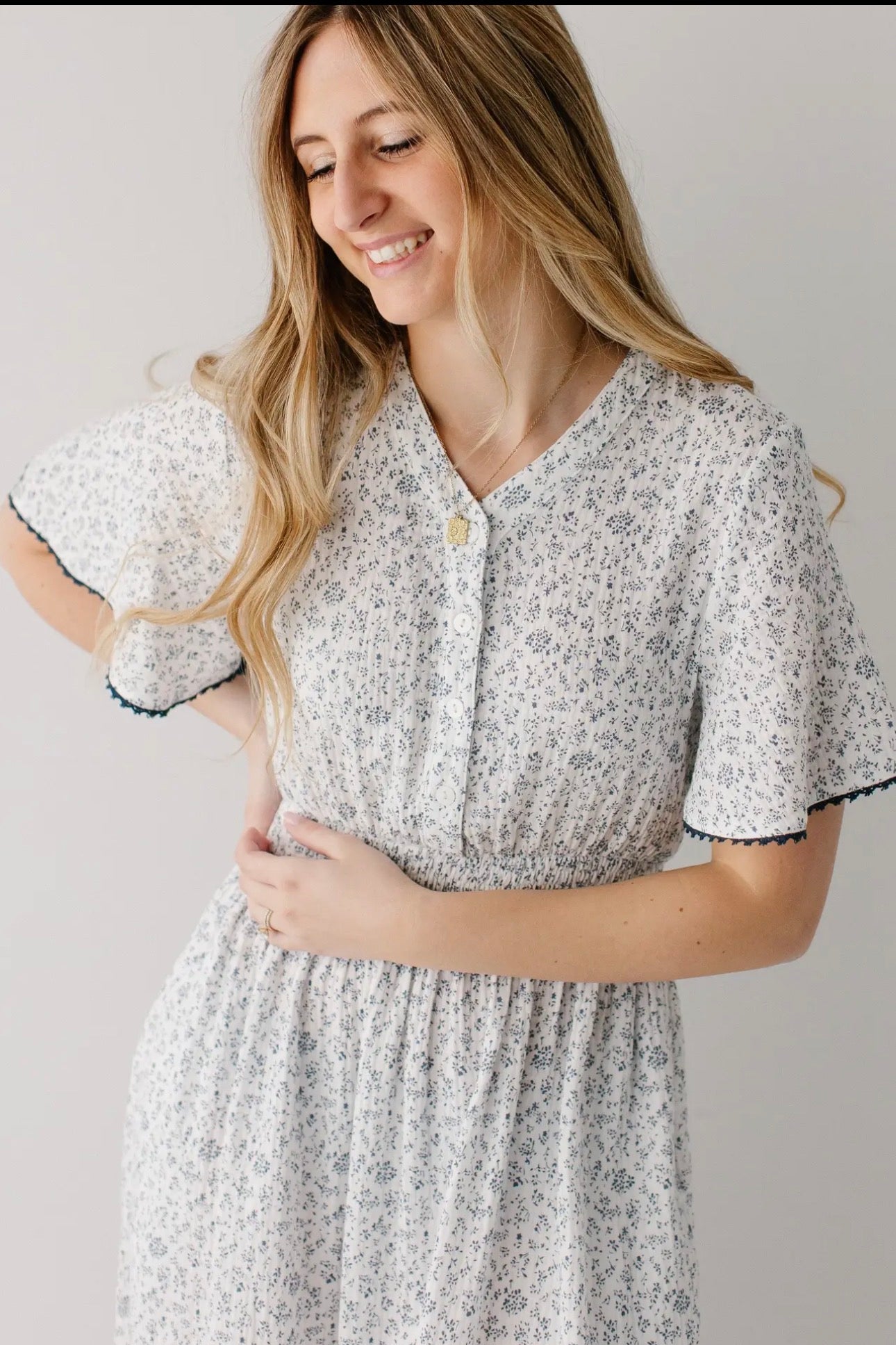 Hadassah Blue Floral Gauze Midi Dress - White floral