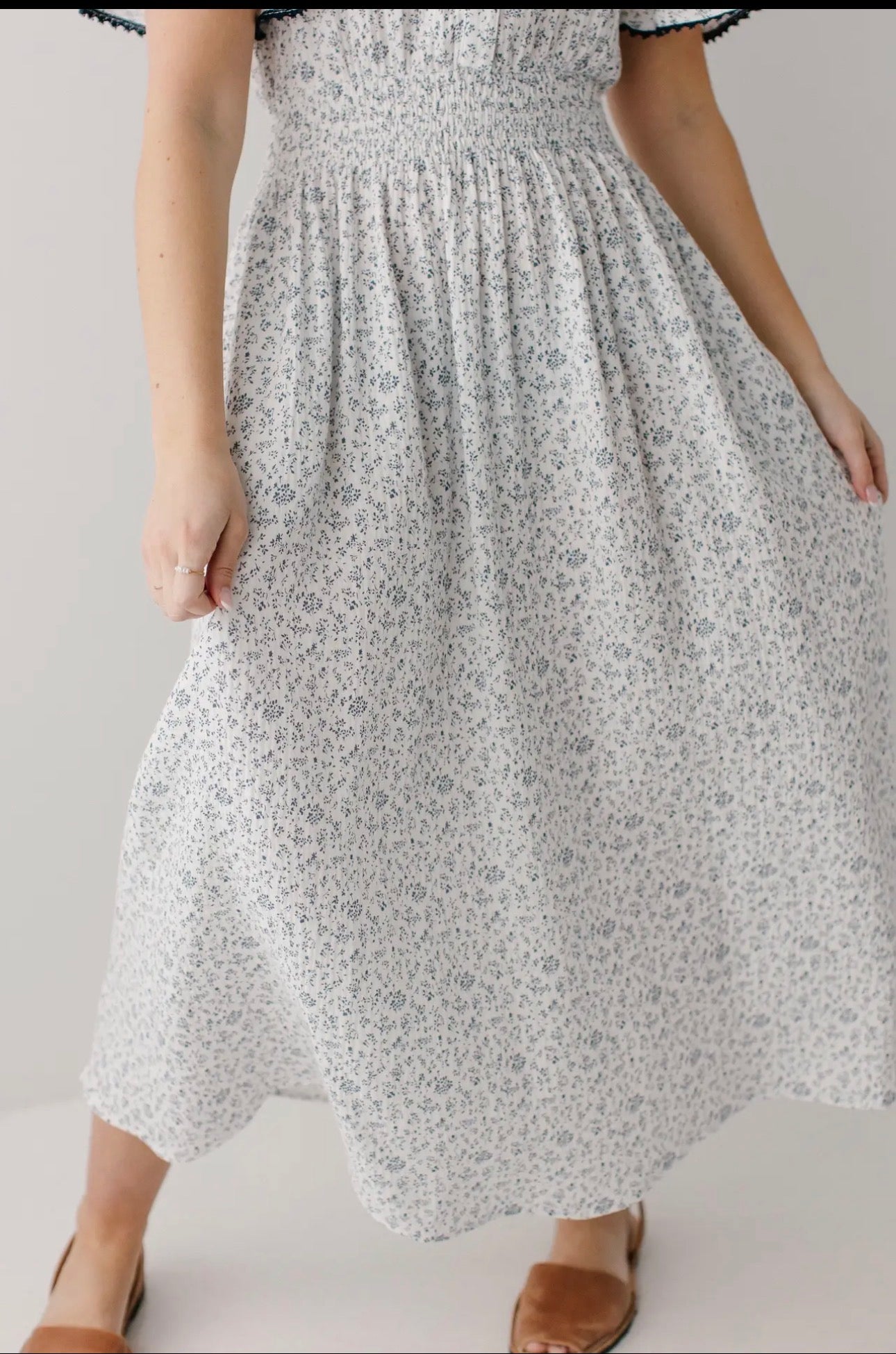 Hadassah Blue Floral Gauze Midi Dress - White floral