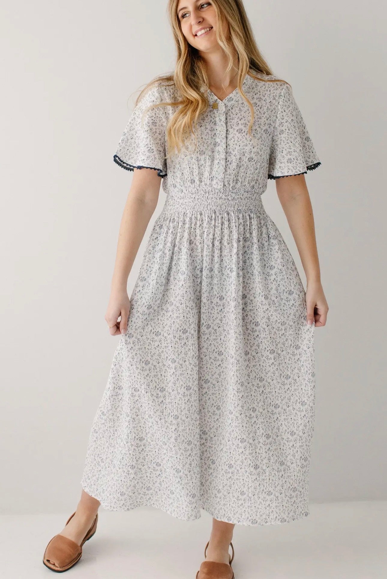 Hadassah Blue Floral Gauze Midi Dress - White floral