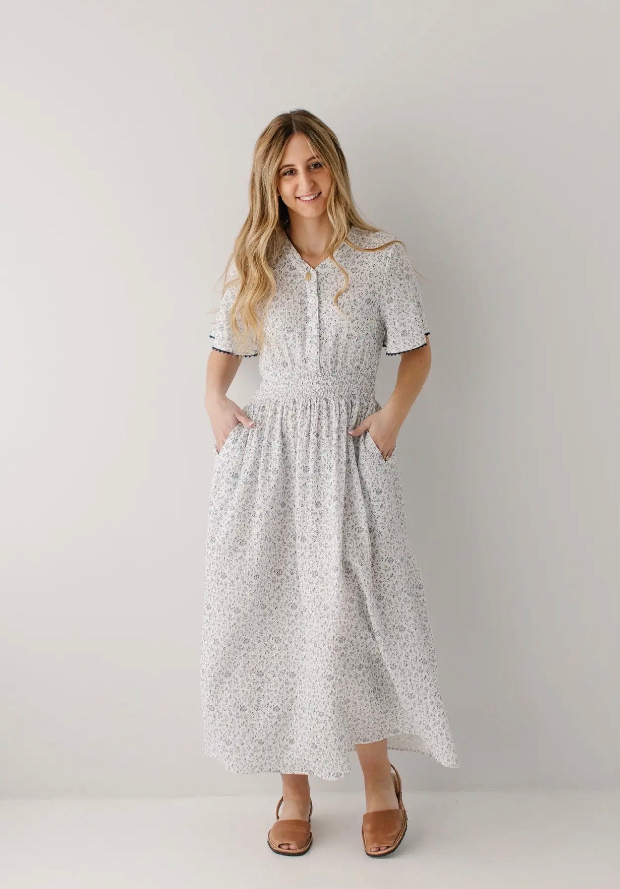 Hadassah Blue Floral Gauze Midi Dress - White floral