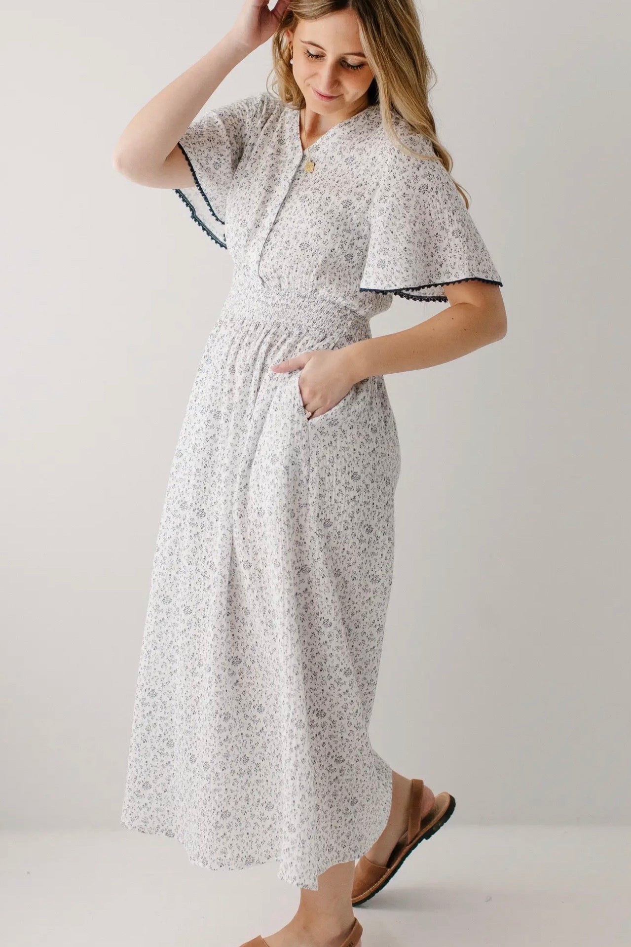 Hadassah Blue Floral Gauze Midi Dress - White floral