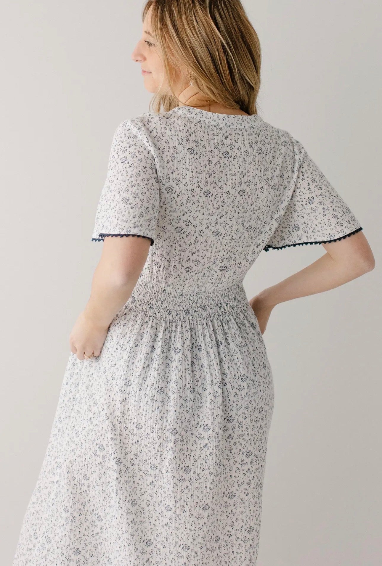 Hadassah Blue Floral Gauze Midi Dress - White floral