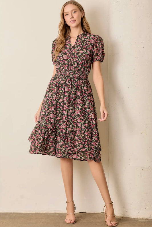 All Over Floral Print Midi Dress - Black Multi