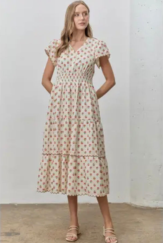 Floral Print Tiered Midi Dress - Cream Multi