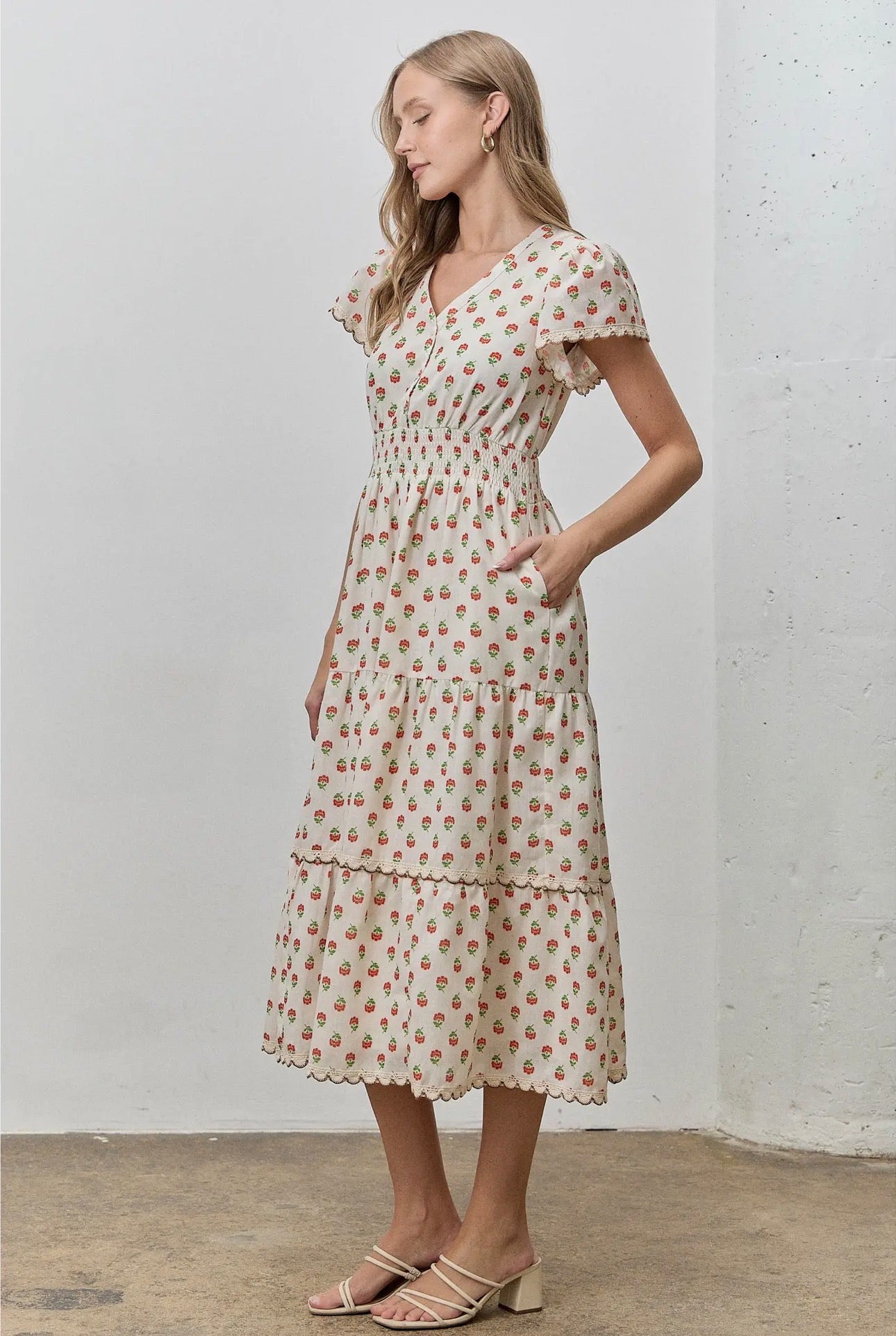 Floral Print Tiered Midi Dress - Cream Multi