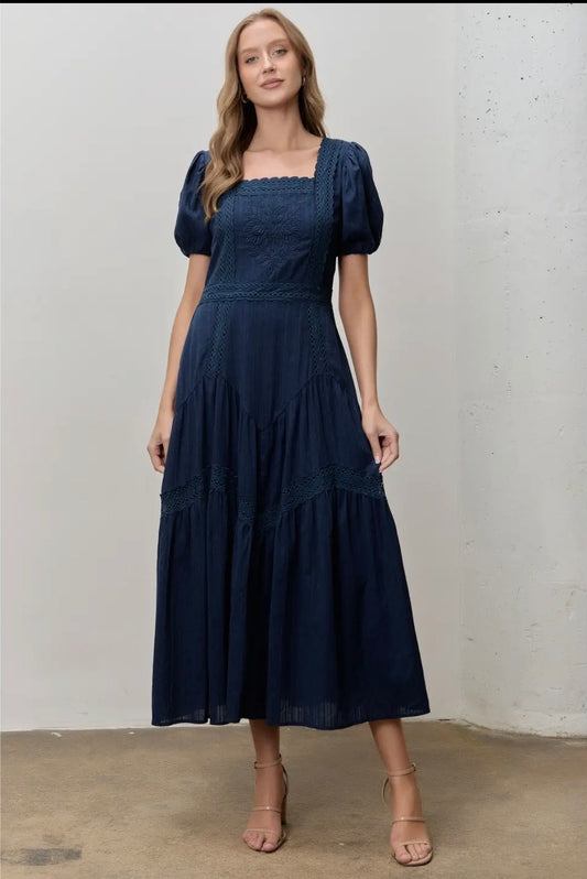 Textured Woven Midi Dress - Navy