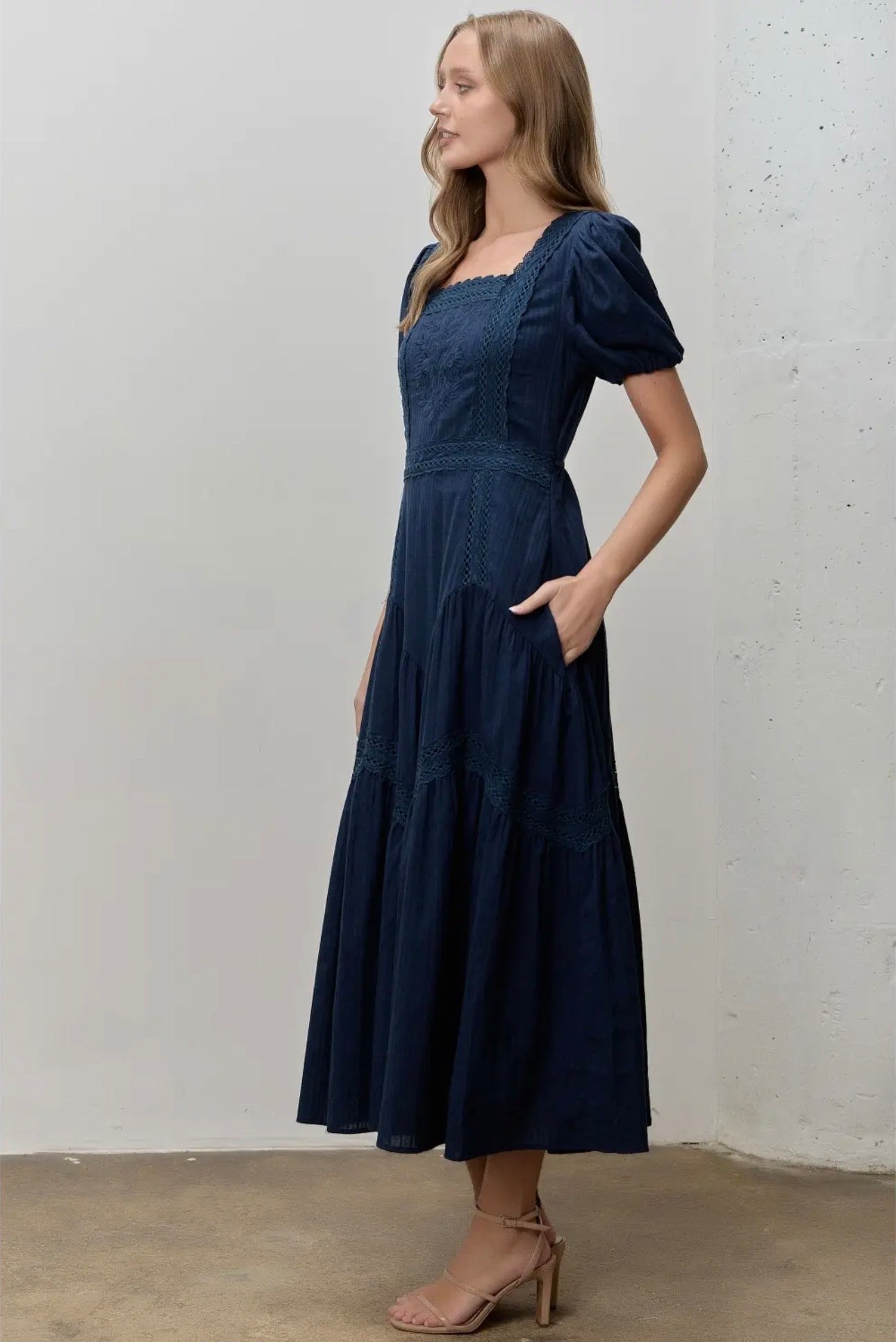 Textured Woven Midi Dress - Navy
