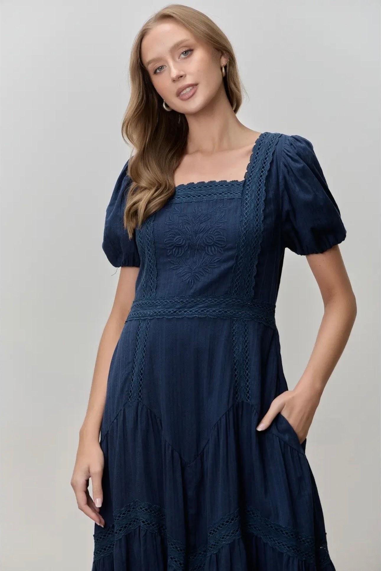 Textured Woven Midi Dress - Navy