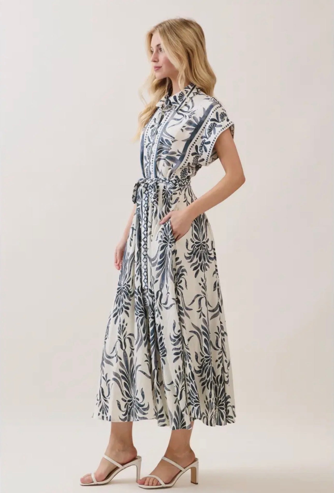 Boarder Print Button Down Maxi Dress - Blue