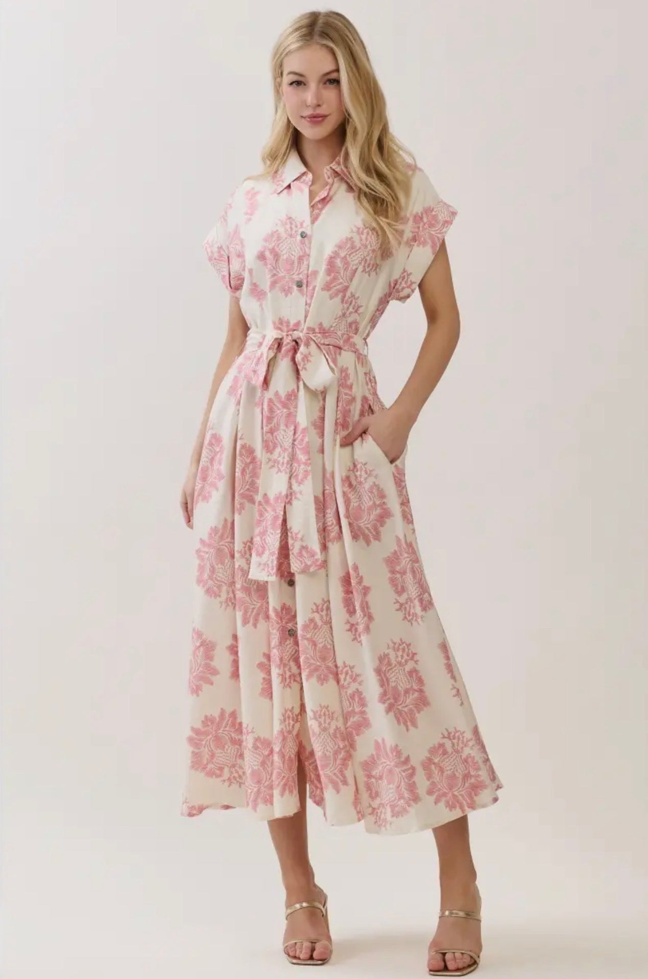 Damask Print Button Down Maxi Dress - Pink