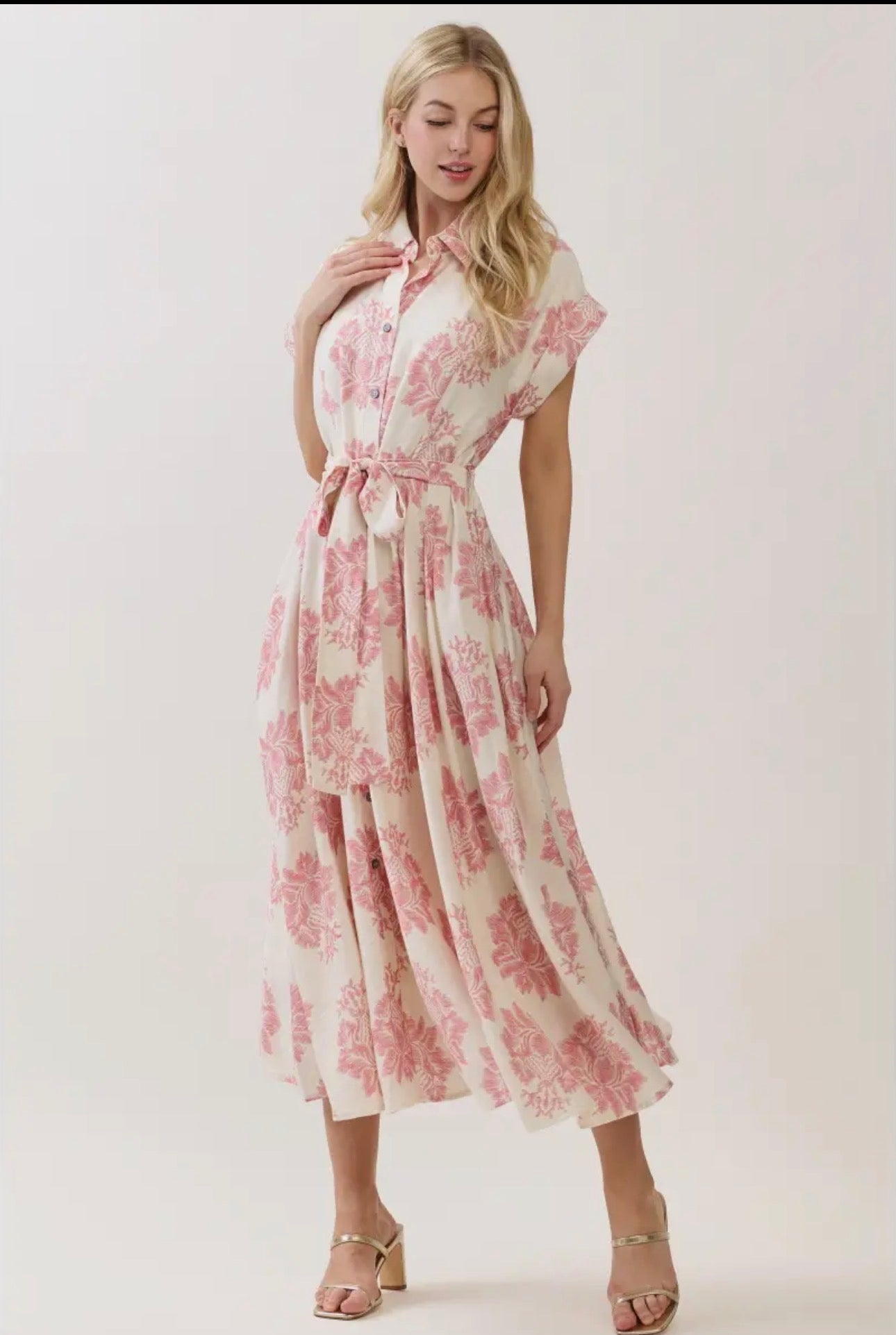 Damask Print Button Down Maxi Dress - Pink