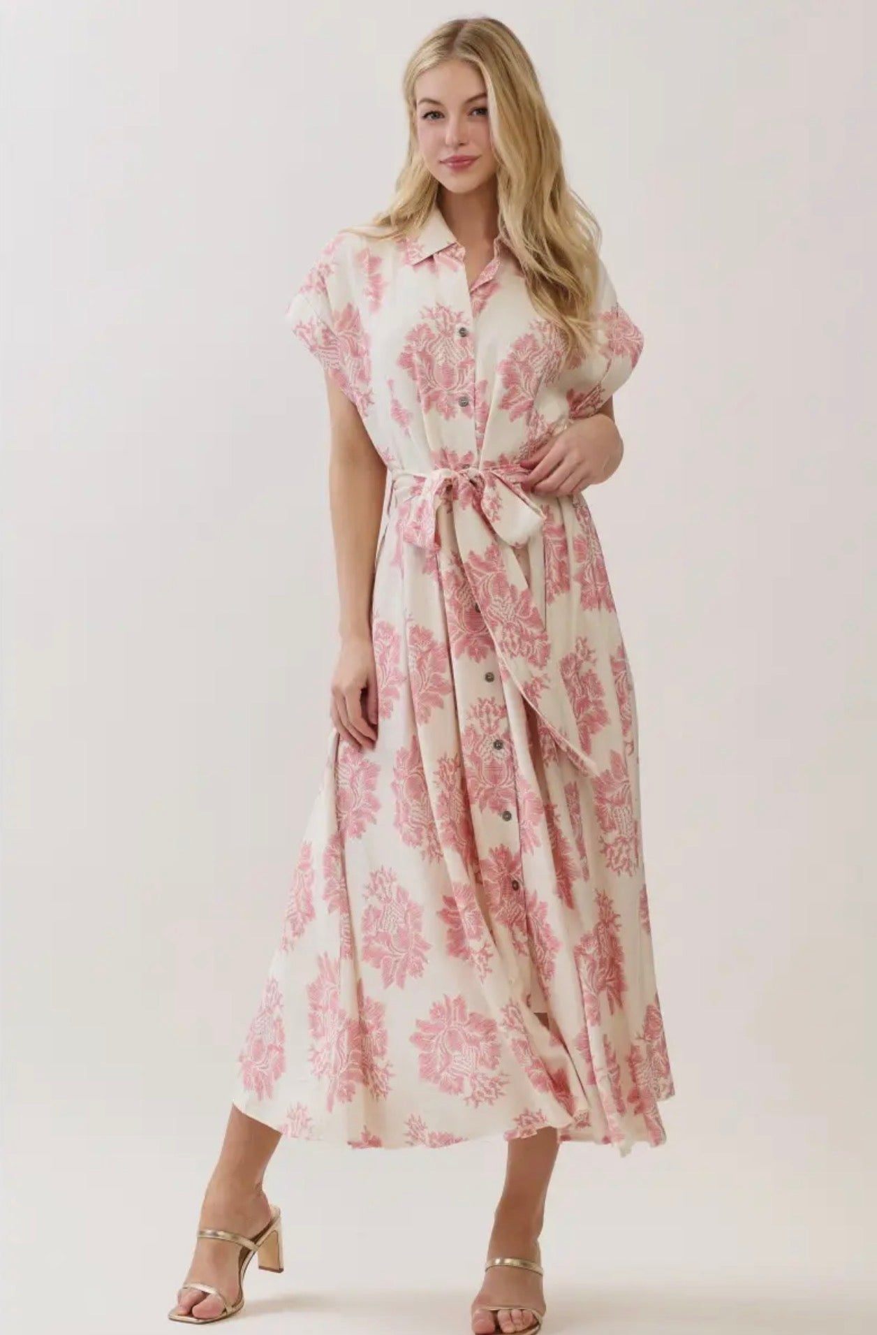 Damask Print Button Down Maxi Dress - Pink