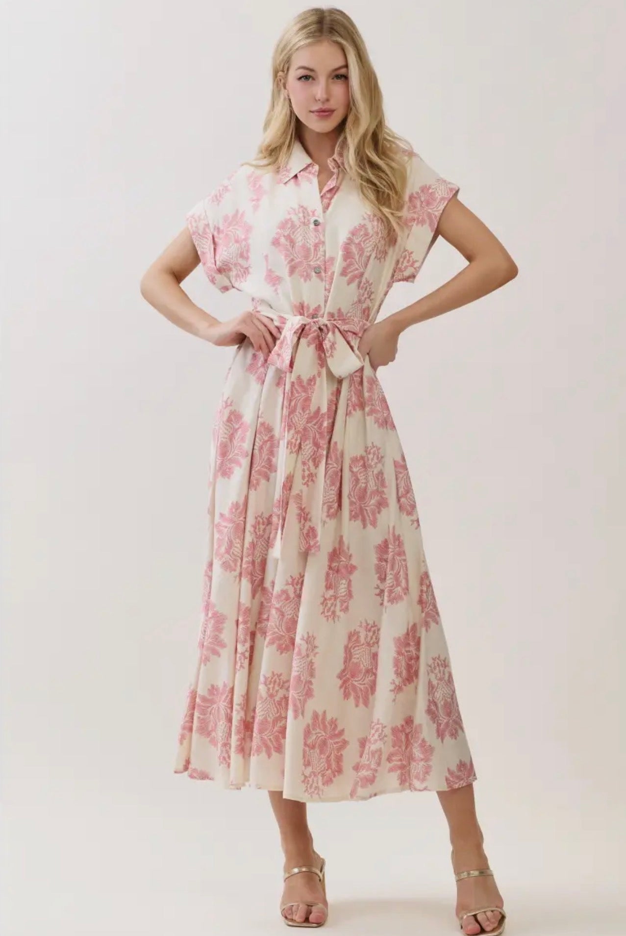 Damask Print Button Down Maxi Dress - Pink