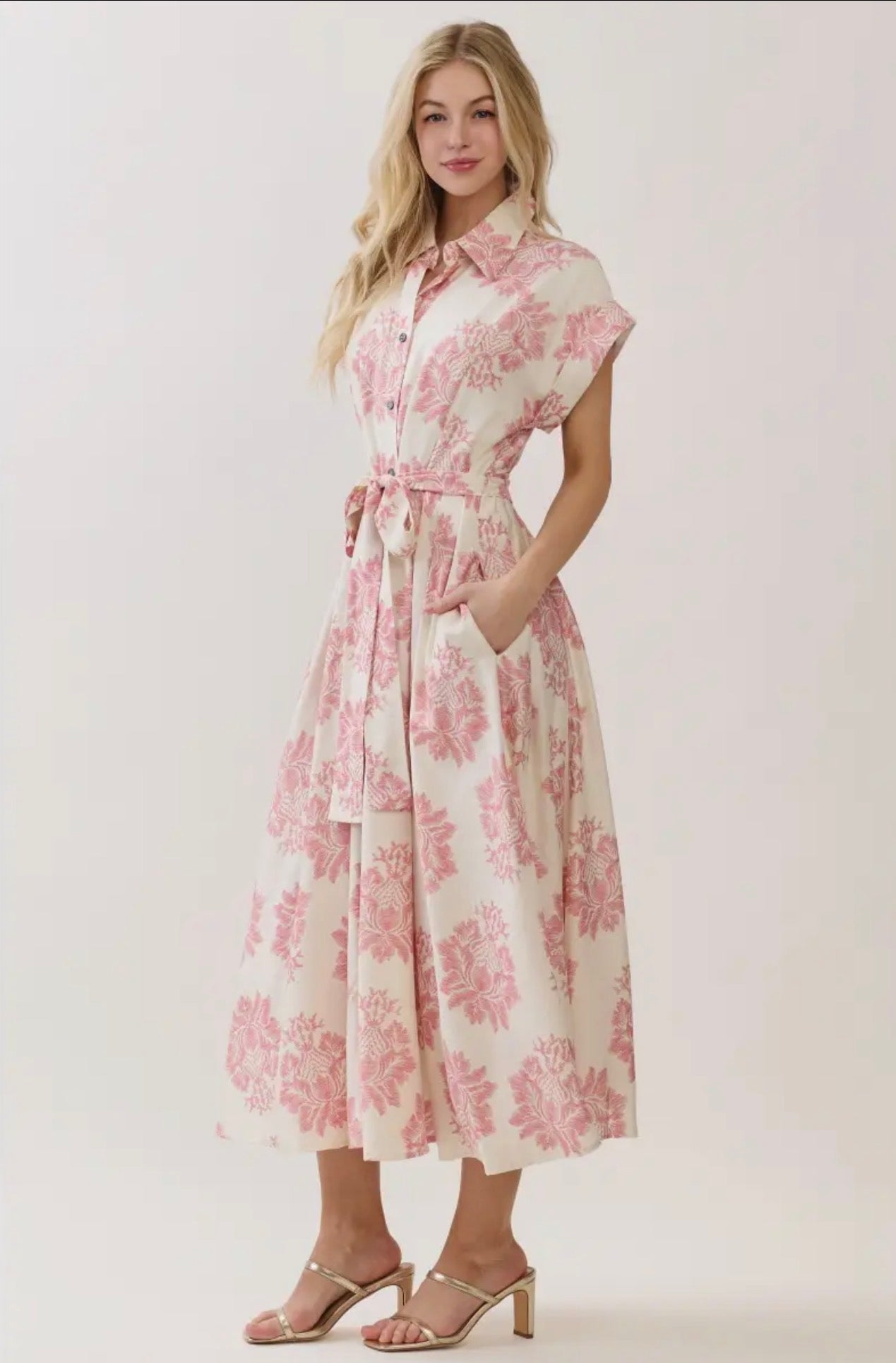 Damask Print Button Down Maxi Dress - Pink