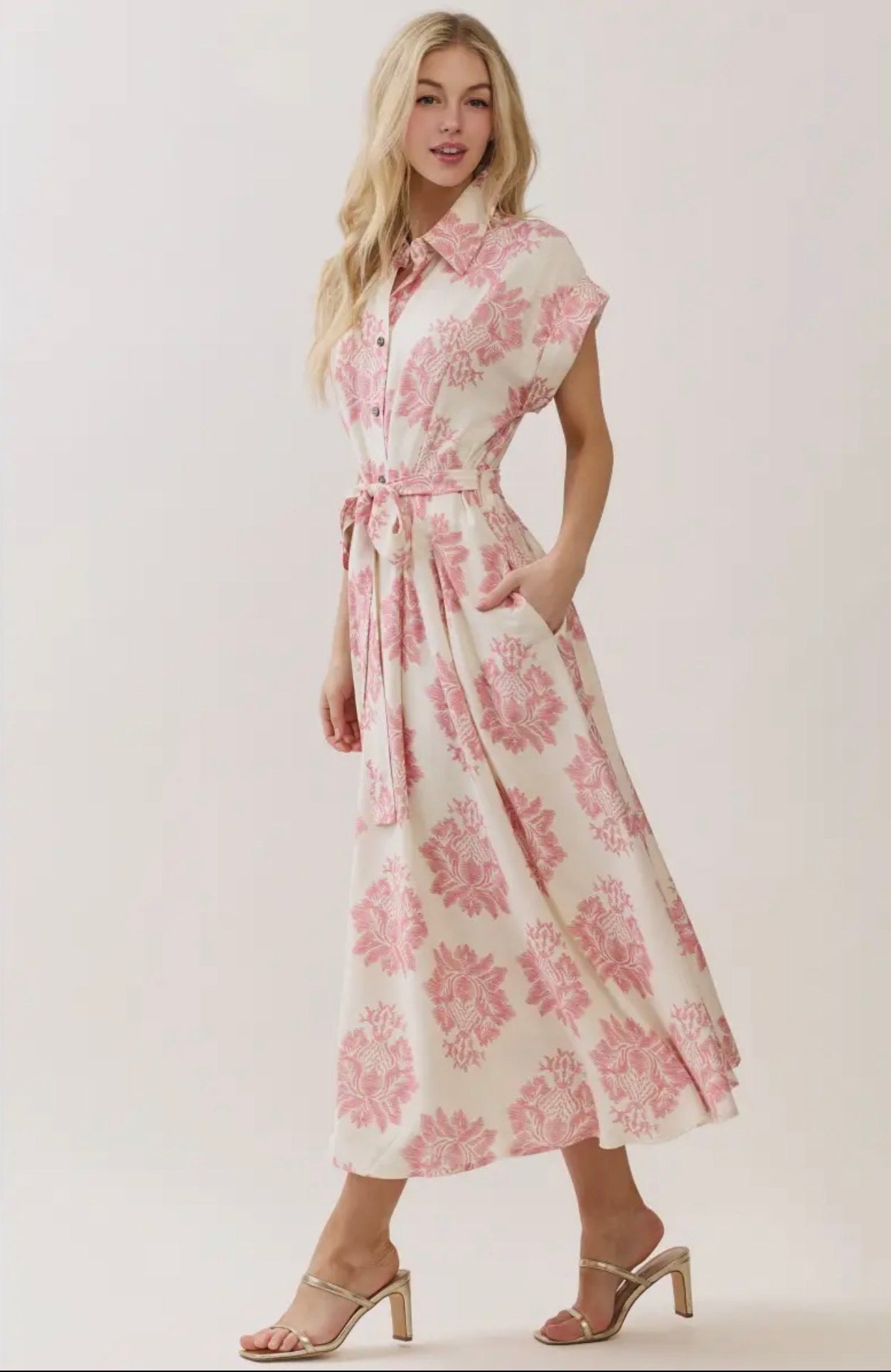 Damask Print Button Down Maxi Dress - Pink