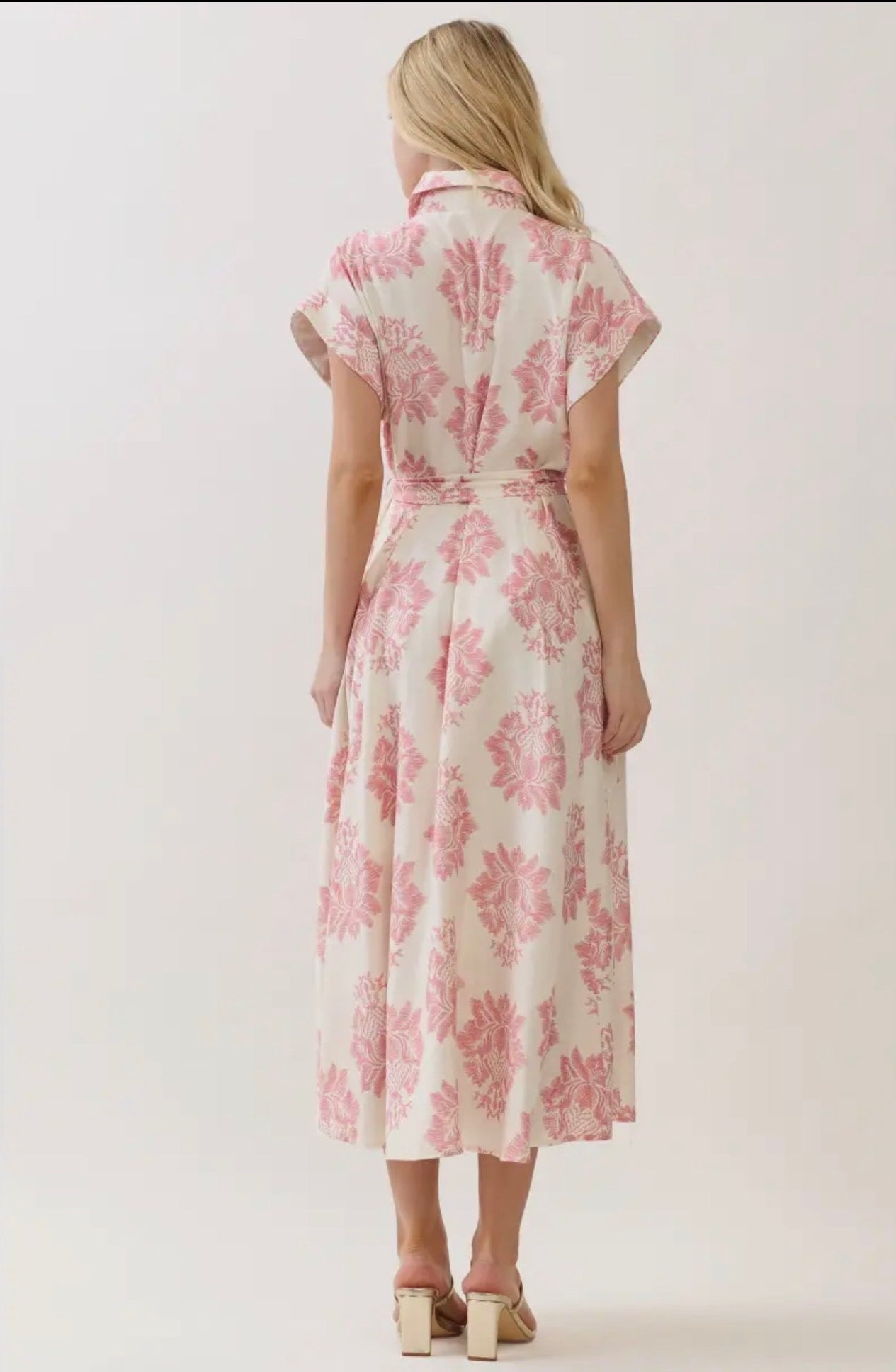 Damask Print Button Down Maxi Dress - Pink