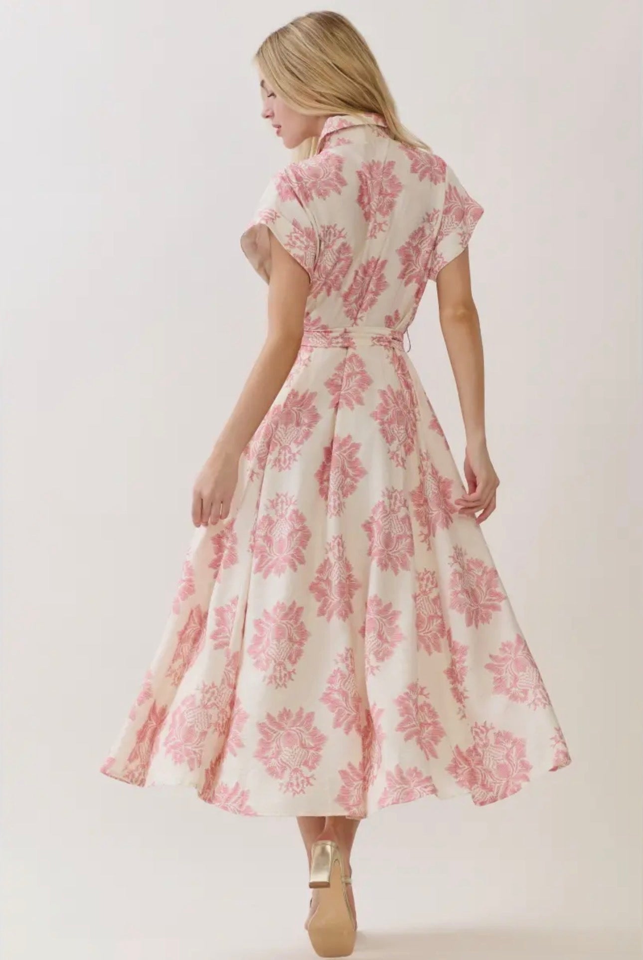 Damask Print Button Down Maxi Dress - Pink