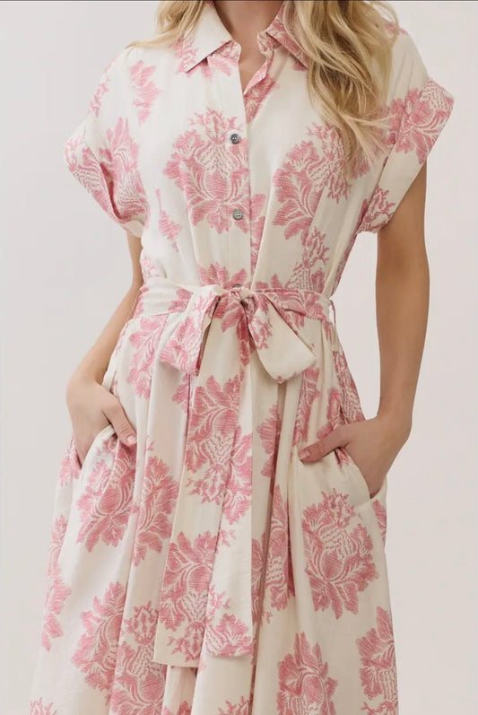 Damask Print Button Down Maxi Dress - Pink