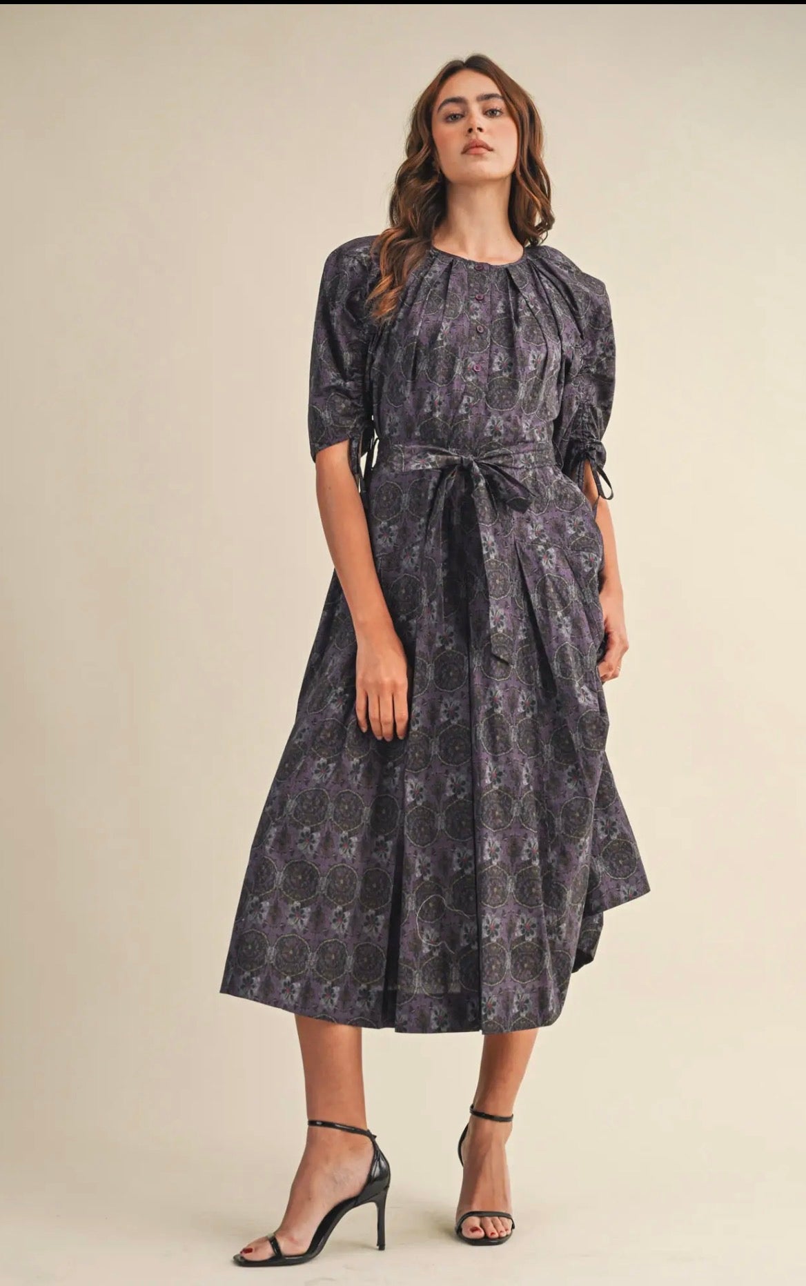 Floral Button Down Belted Midi Dress - Lilac Multi