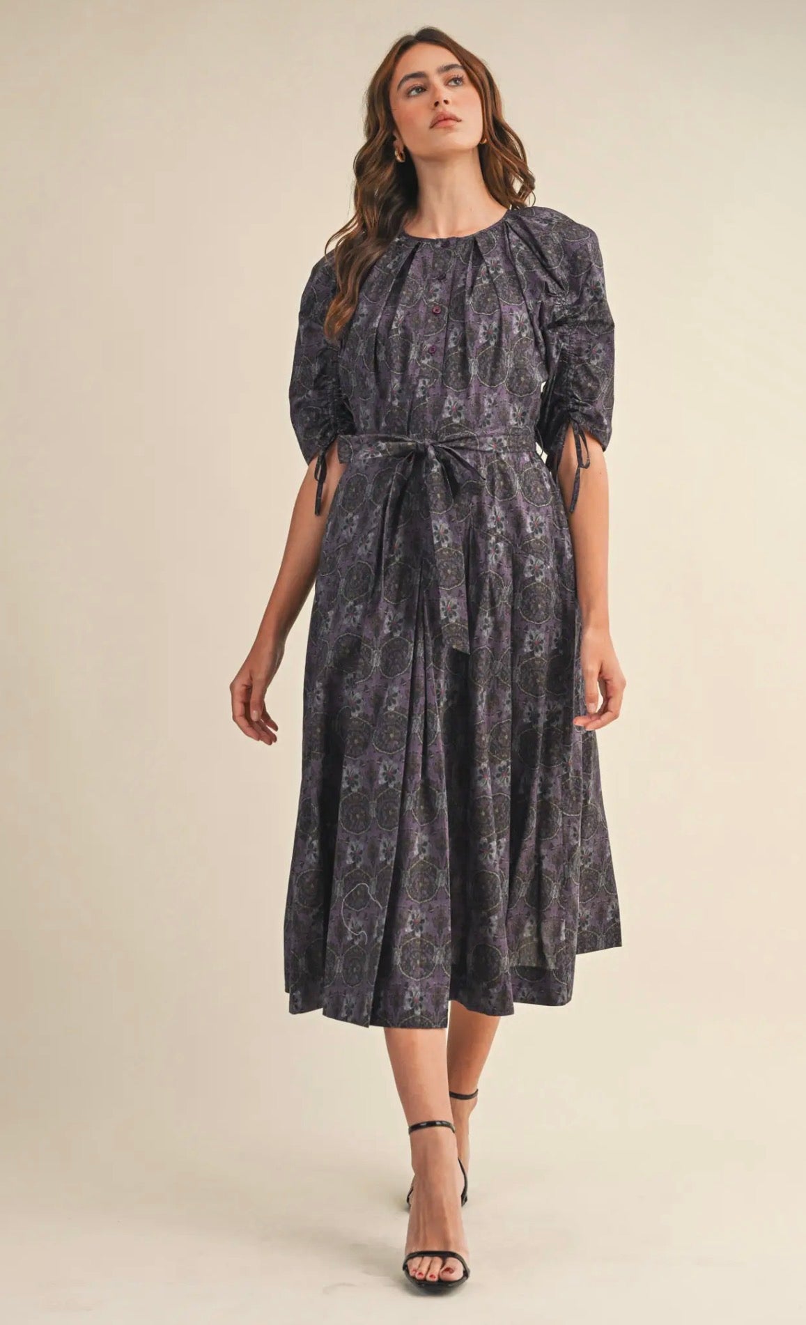 Floral Button Down Belted Midi Dress - Lilac Multi