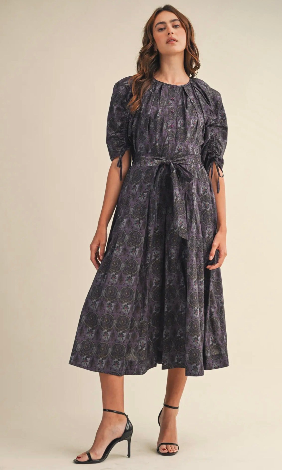 Floral Button Down Belted Midi Dress - Lilac Multi