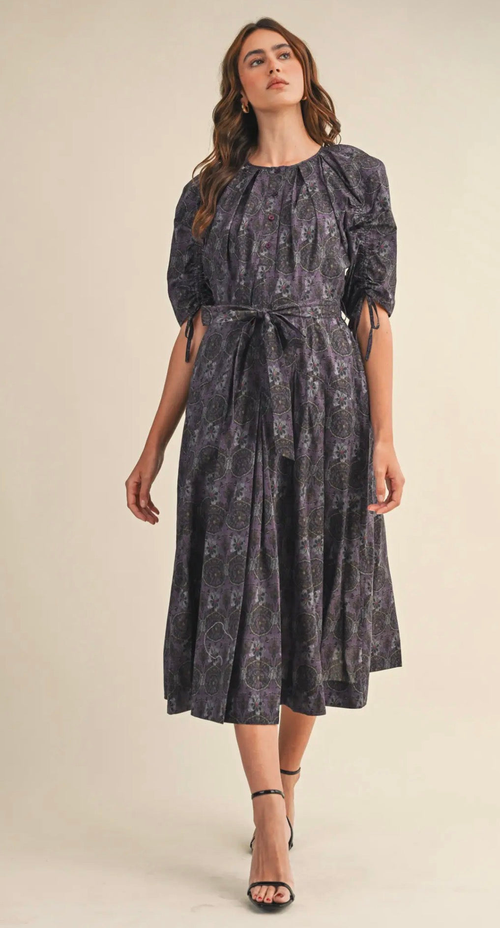Floral Button Down Belted Midi Dress - Lilac Multi