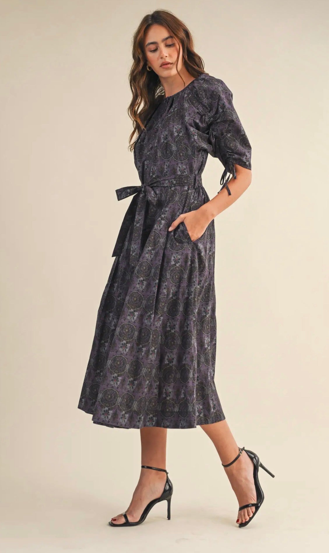 Floral Button Down Belted Midi Dress - Lilac Multi