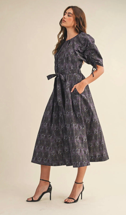 Floral Button Down Belted Midi Dress - Lilac Multi