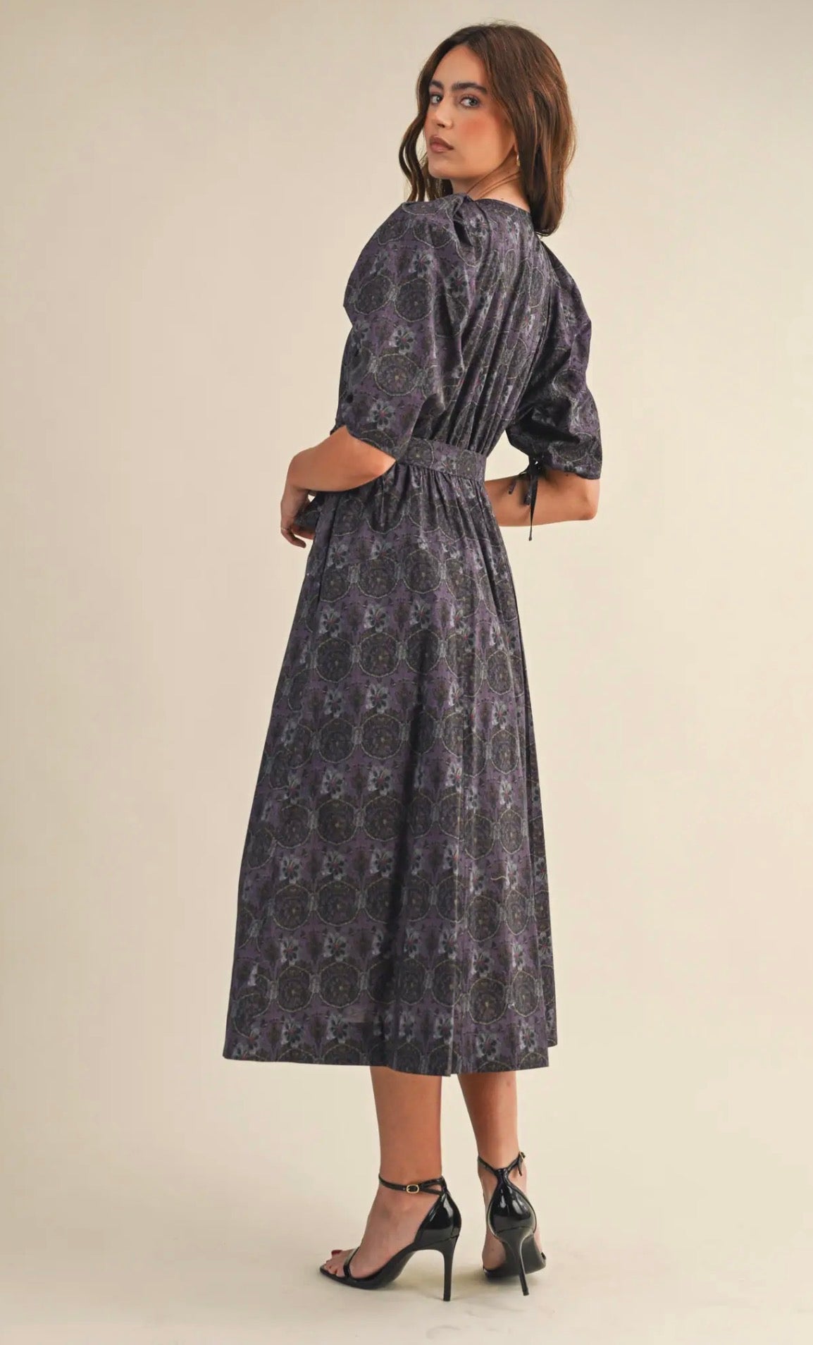 Floral Button Down Belted Midi Dress - Lilac Multi