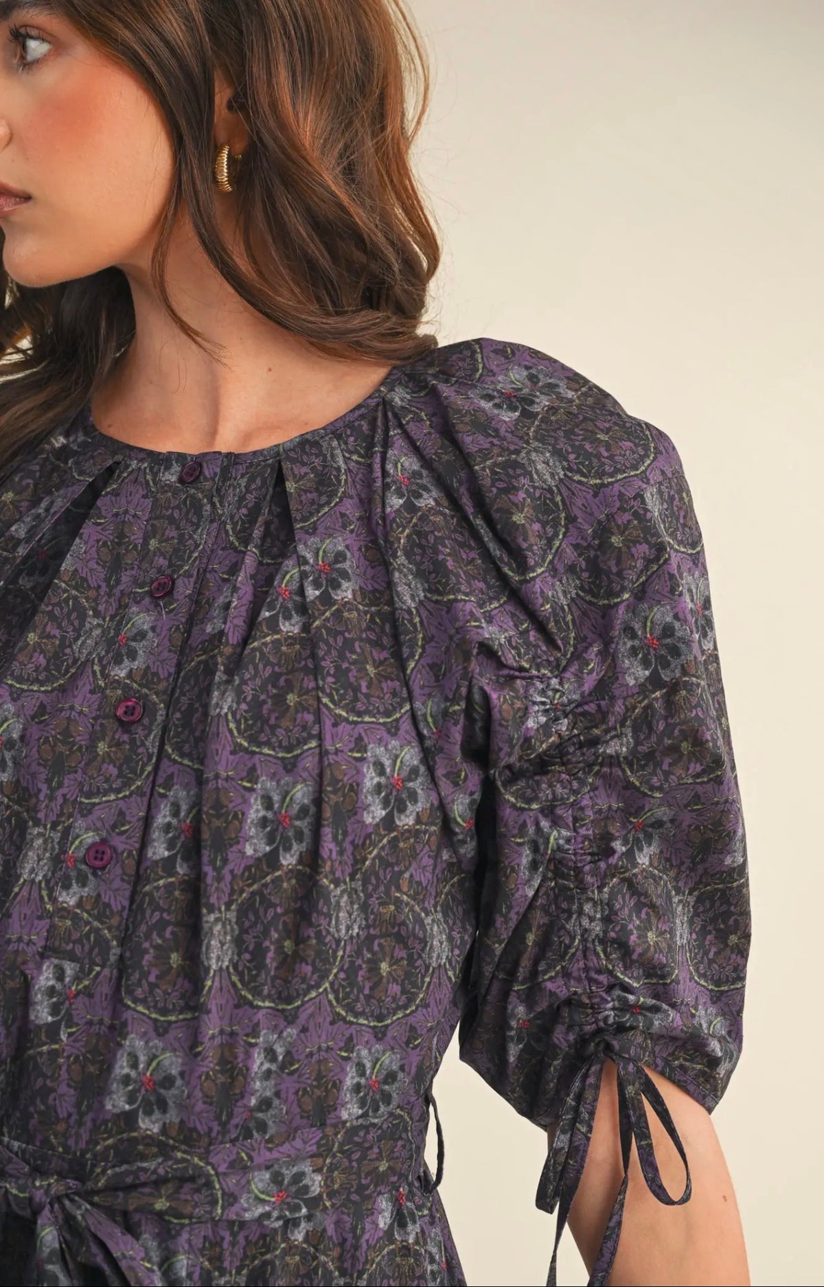 Floral Button Down Belted Midi Dress - Lilac Multi