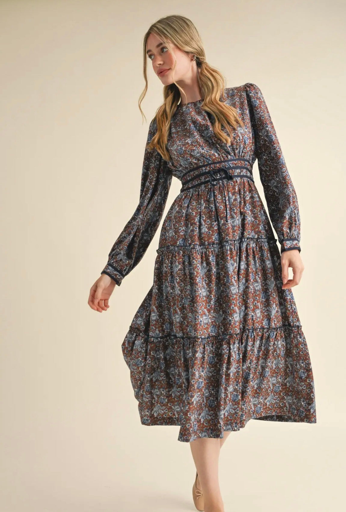 Floral Midi Dress with Contrast - Brick Floral