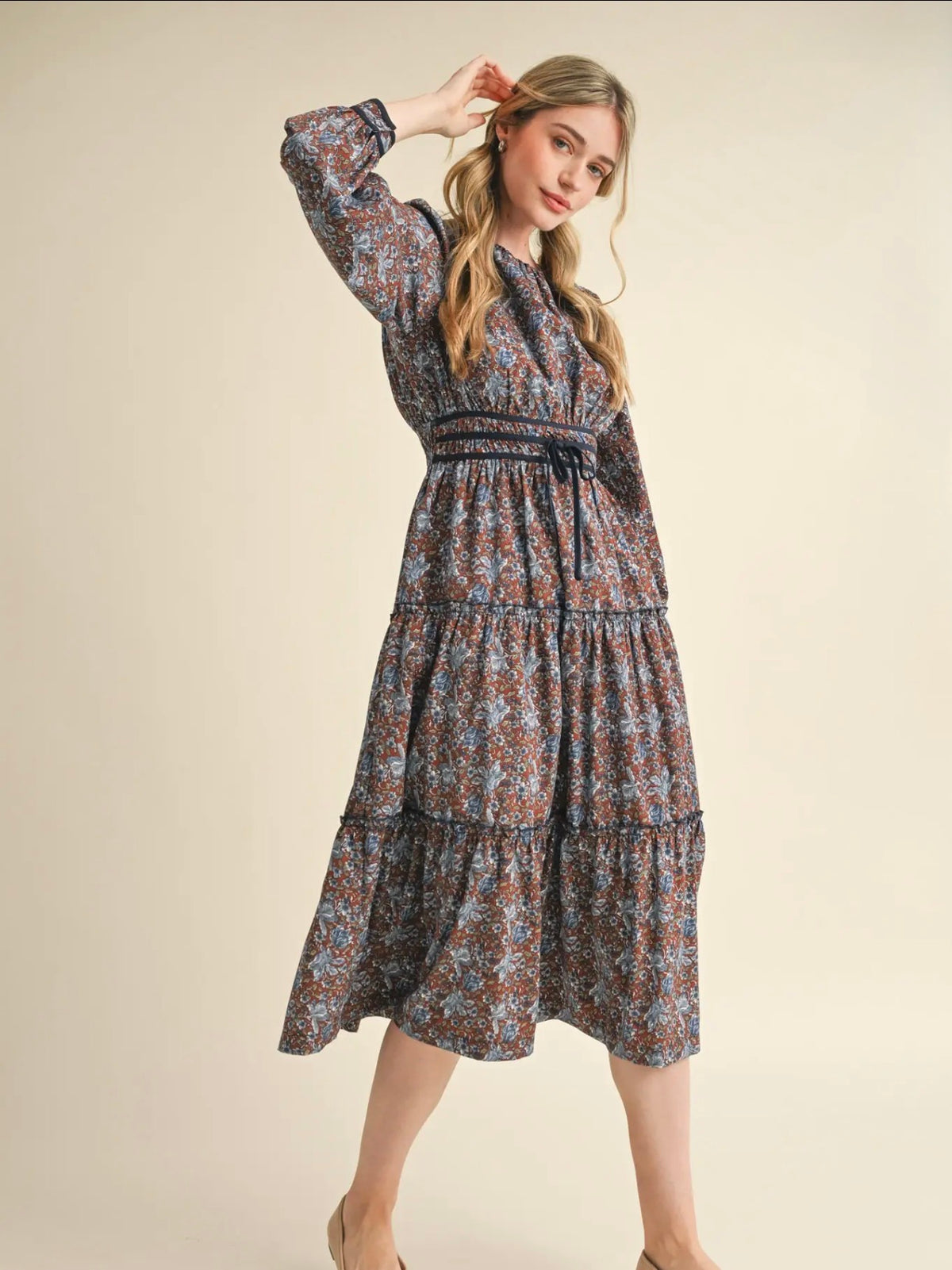Floral Midi Dress with Contrast - Brick Floral