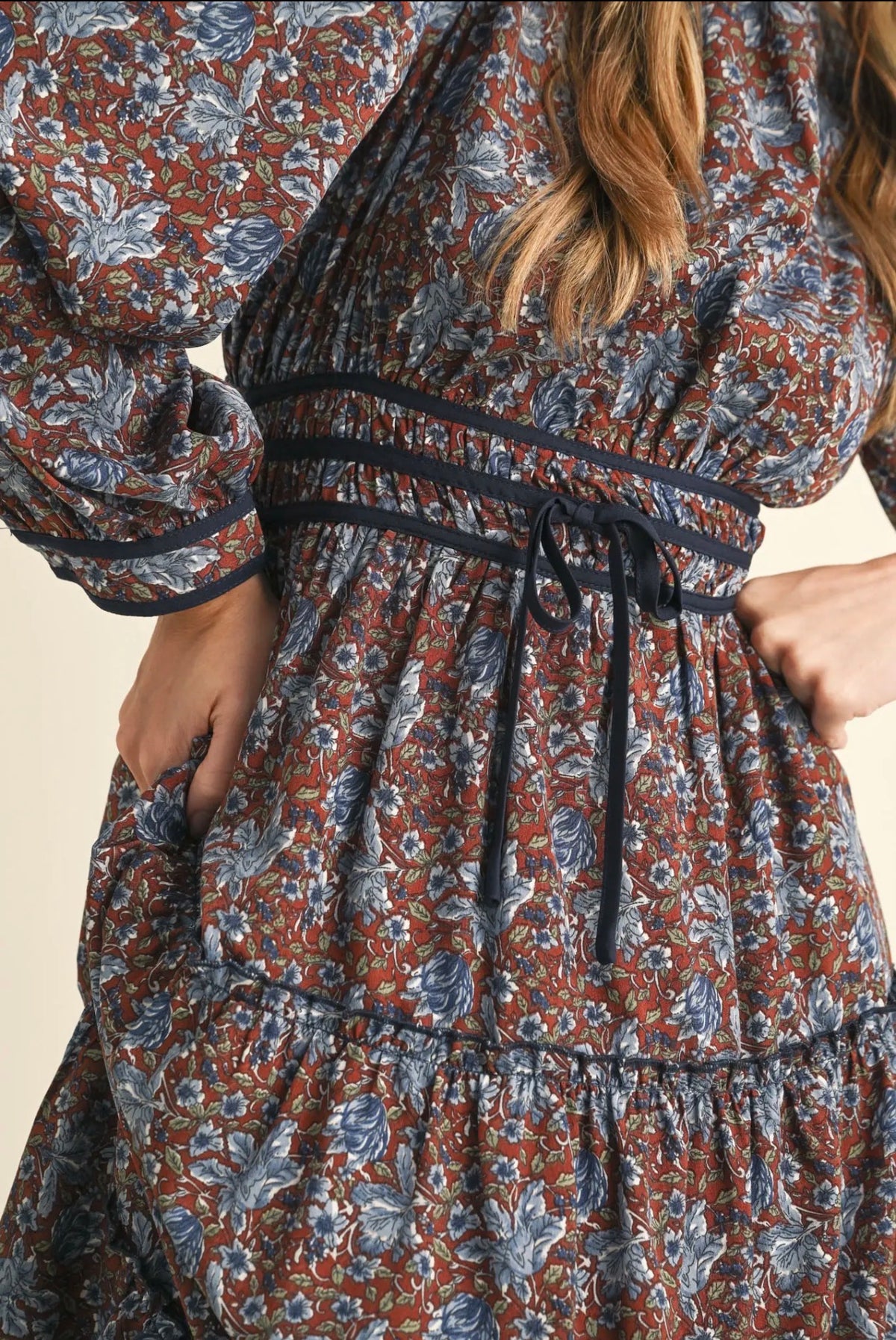 Floral Midi Dress with Contrast - Brick Floral