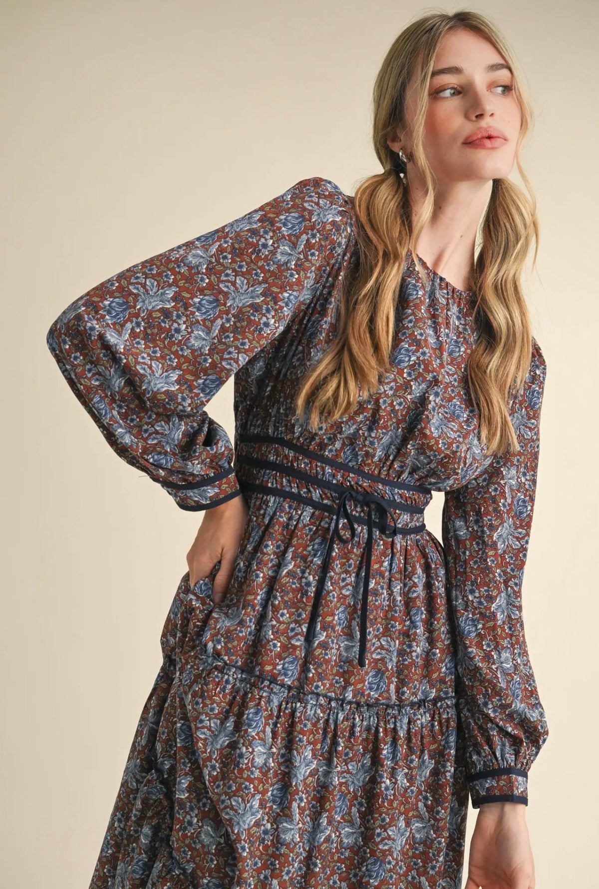Floral Midi Dress with Contrast - Brick Floral