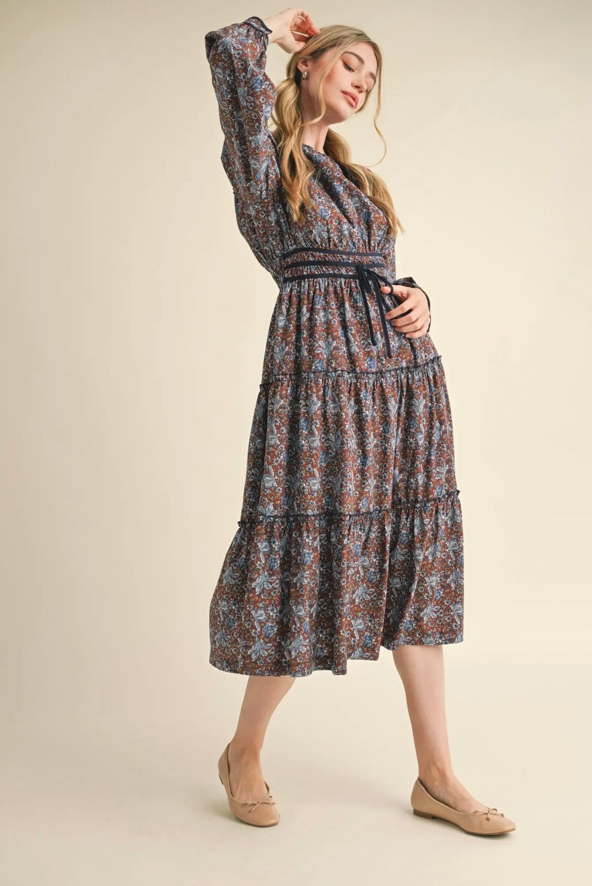Floral Midi Dress with Contrast - Brick Floral