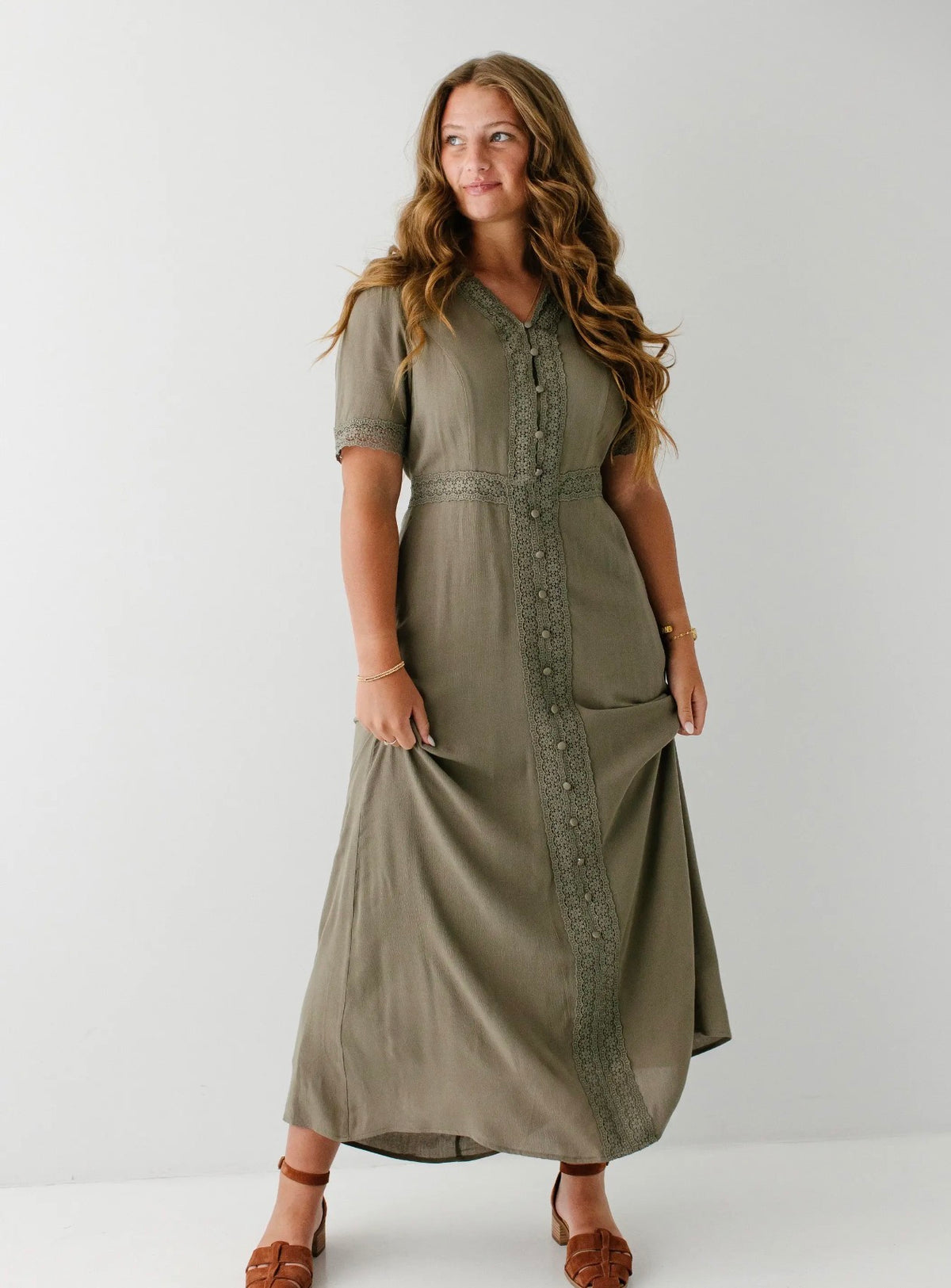 Marigold Lace Detail Maxi Dress - Olive Gray