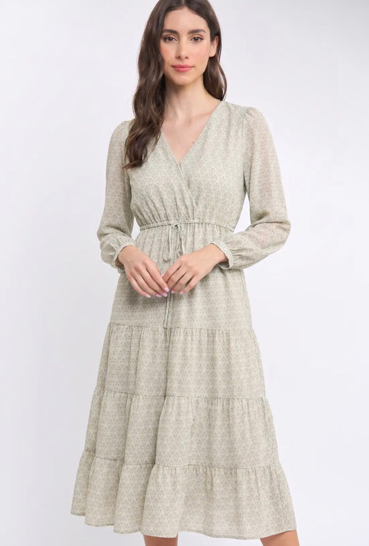 Long-Sleeve Soft Print Midi Dress