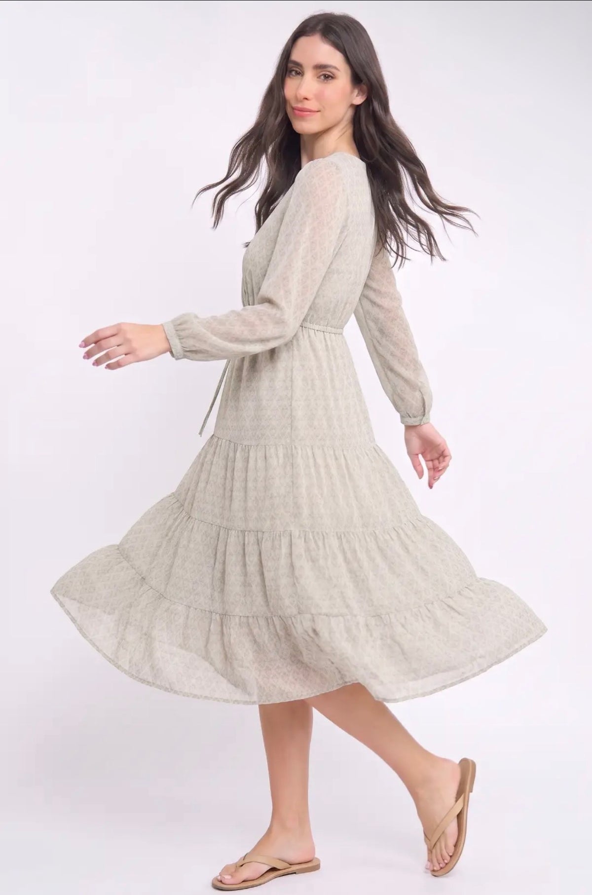 Long-Sleeve Soft Print Midi Dress