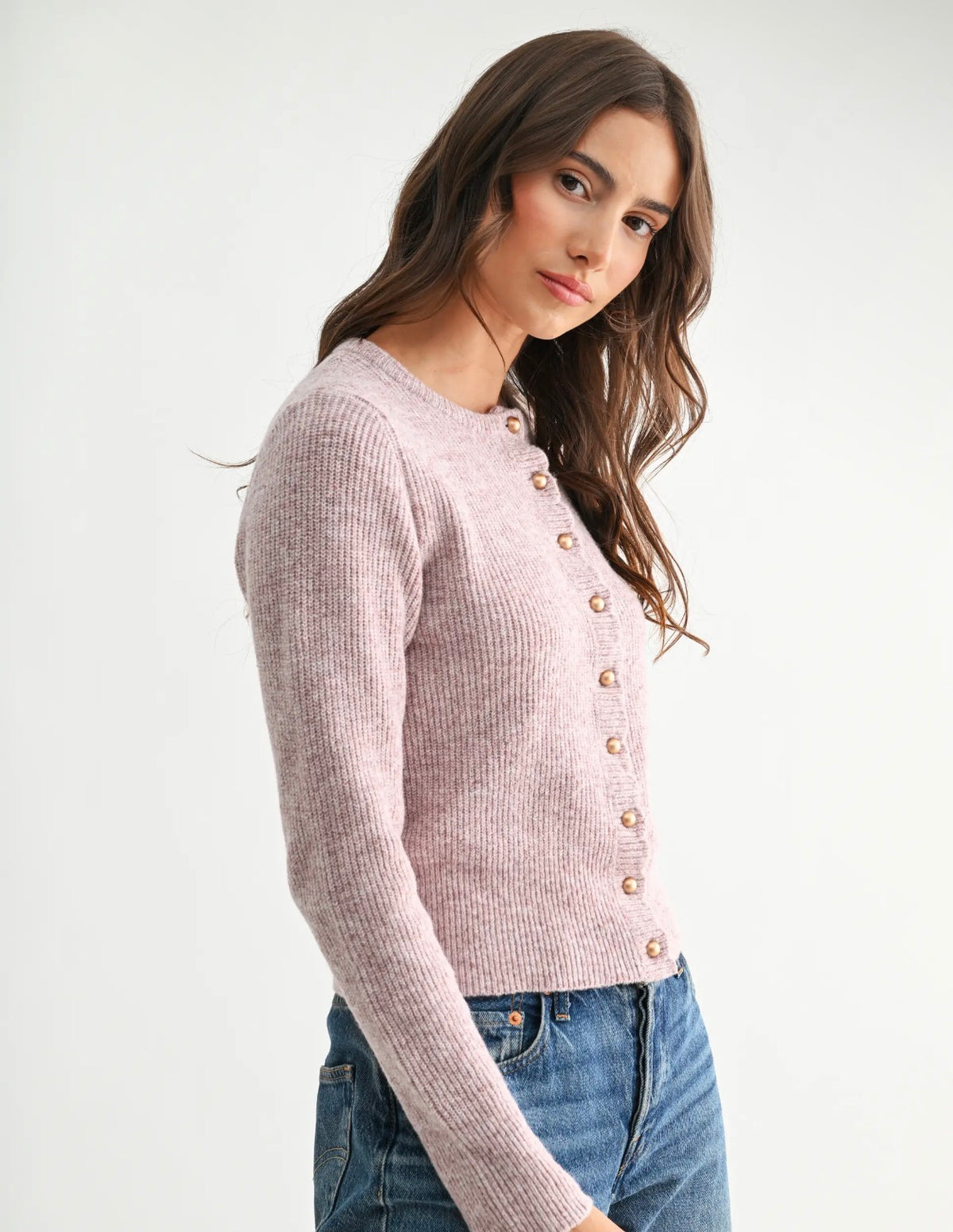 Pearl Button Ribbed Knit Cardigan