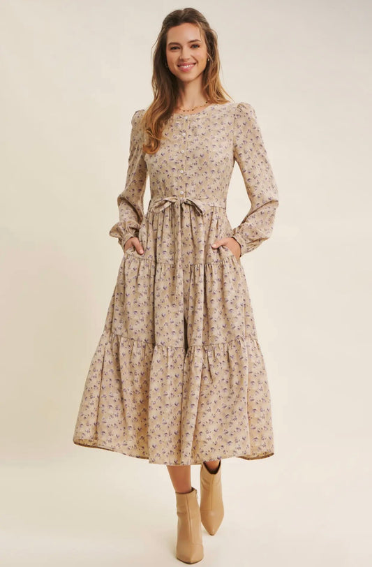 Lavender Morning Ditsy Floral Button-Front Tiered Midi Dress