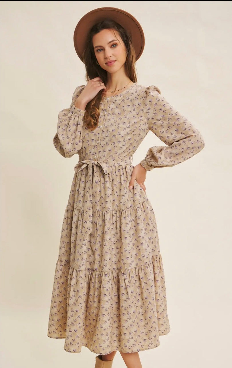 Lavender Morning Ditsy Floral Button-Front Tiered Midi Dress