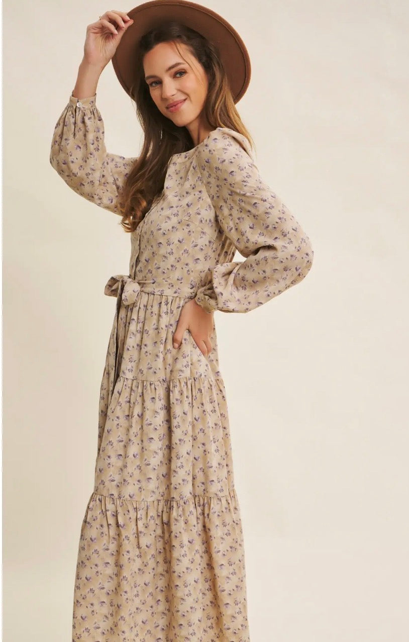 Lavender Morning Ditsy Floral Button-Front Tiered Midi Dress