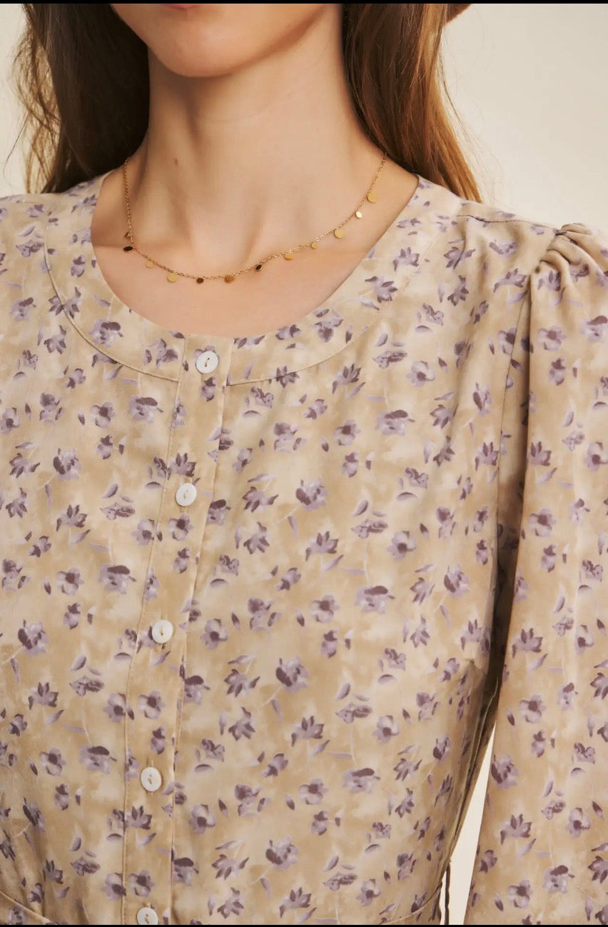 Lavender Morning Ditsy Floral Button-Front Tiered Midi Dress