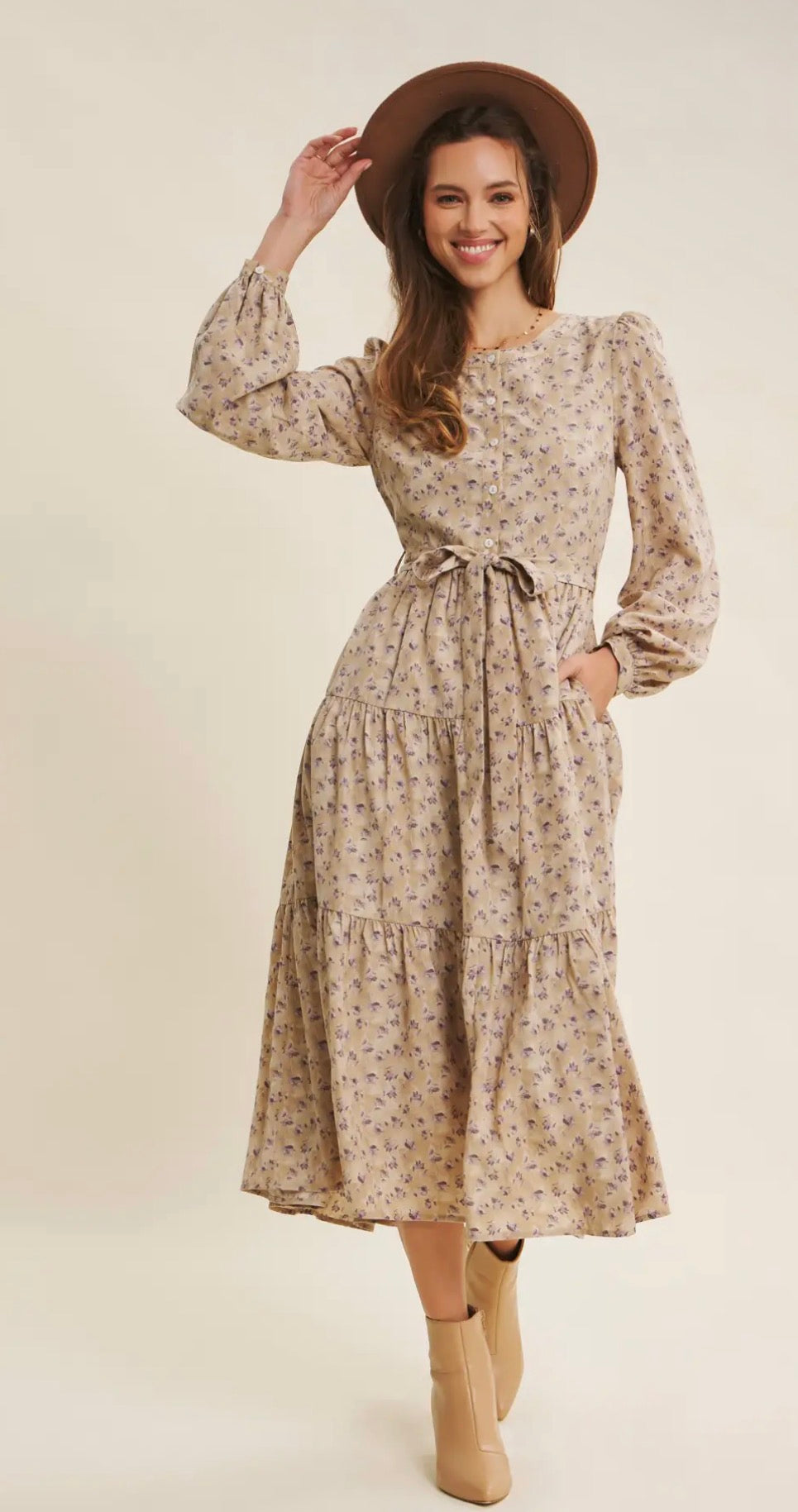 Lavender Morning Ditsy Floral Button-Front Tiered Midi Dress