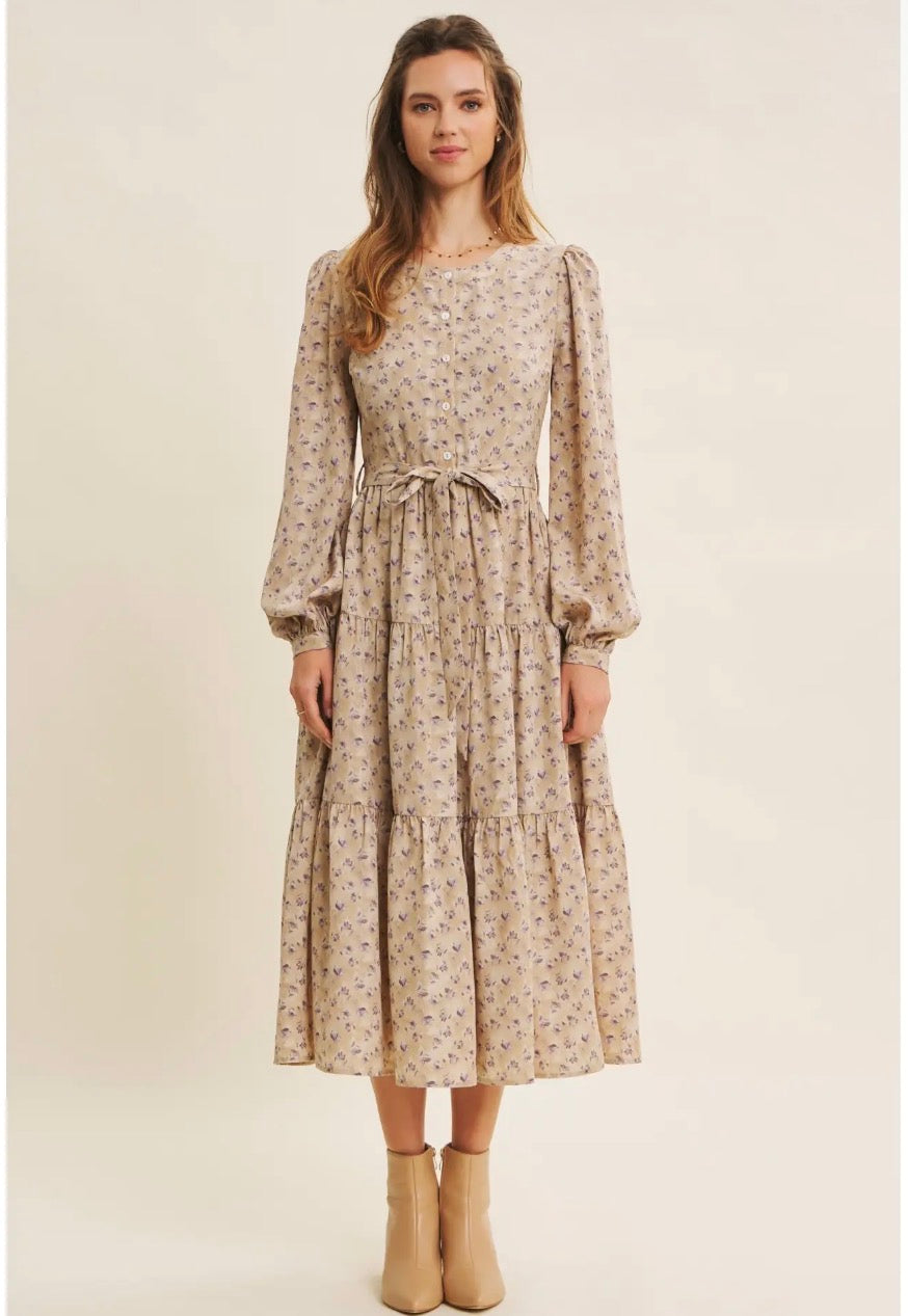 Lavender Morning Ditsy Floral Button-Front Tiered Midi Dress