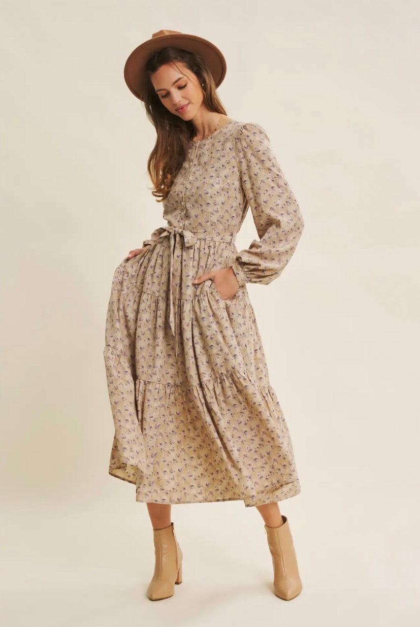 Lavender Morning Ditsy Floral Button-Front Tiered Midi Dress