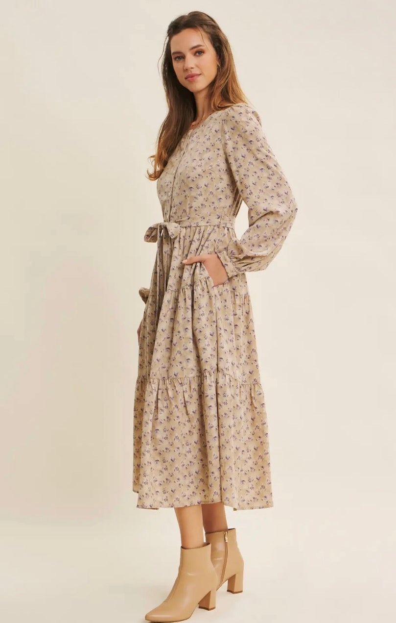 Lavender Morning Ditsy Floral Button-Front Tiered Midi Dress
